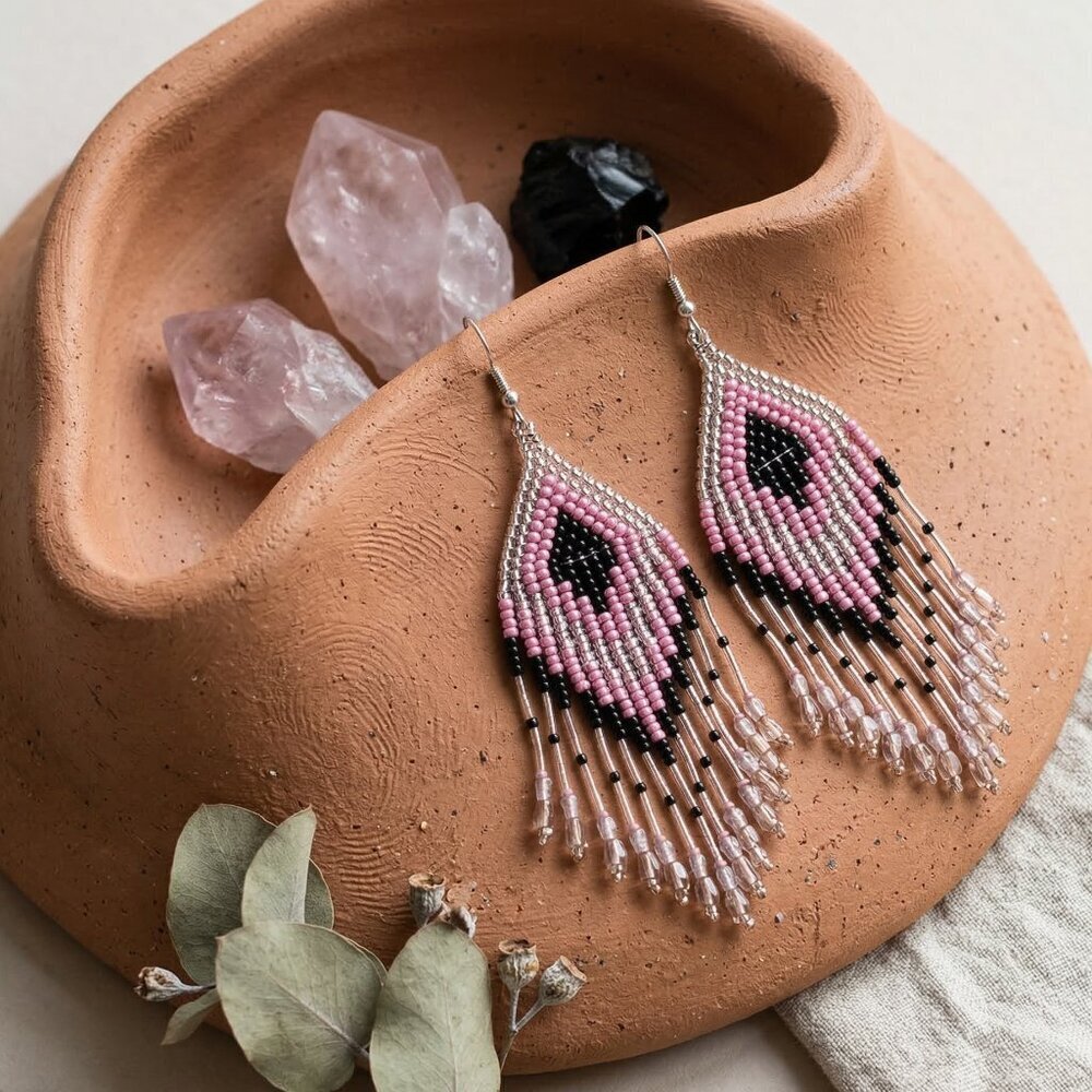 Boho Pink Black Seed Bead Fringe Drop Earrings Stainless Steel Handmade Artisan